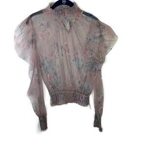 L.I.F.E Love is for Eternity Pink Floral Sheer Puff Sleeve Blouse Top Medium
